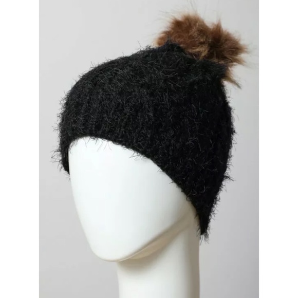 Black Faux Mohair Soft Knit Pompom Beanie Hat - Picture 4 of 4